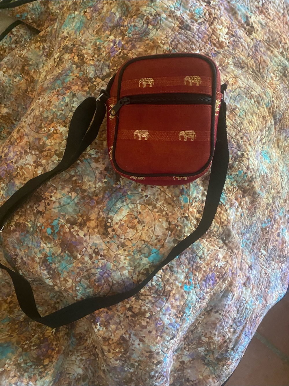 Compact Red Thai silk Crossbody Bag with Elephant Motif
